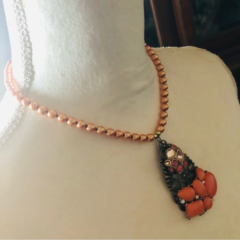 Handcrafted repurpose stone covered filigree pendant Czech glass Pearl necklace